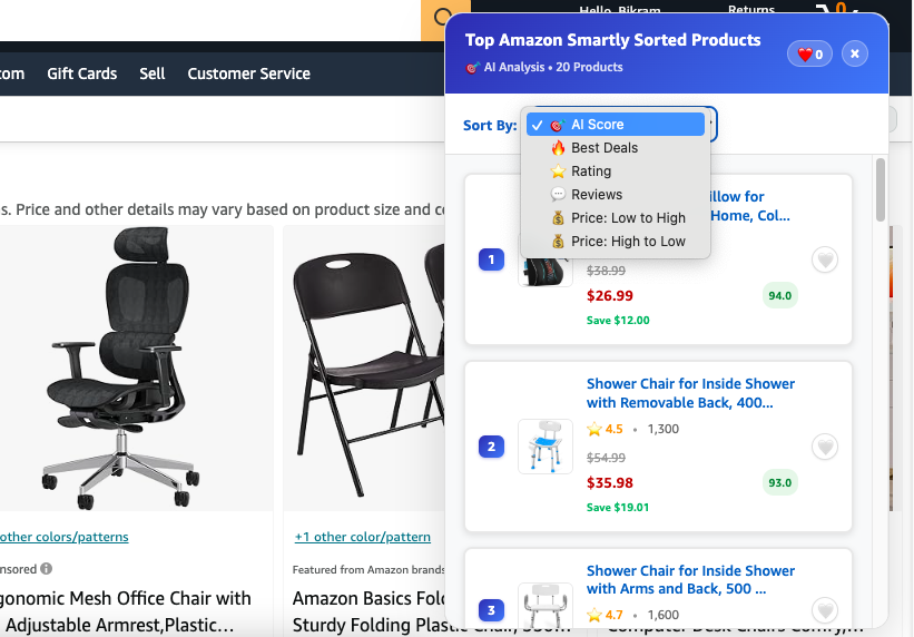 Savino smart sorting feature demo showing products sorted by authenticity and ratings